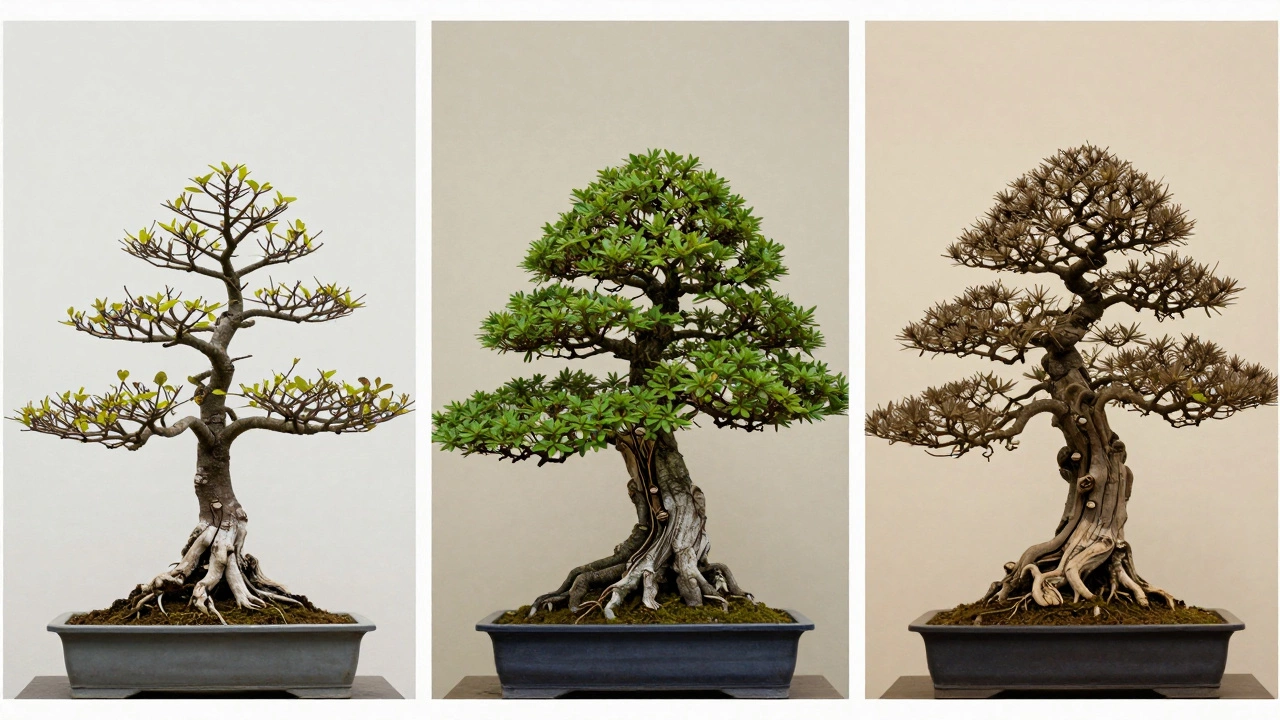 Three panels showing a Chinese Elm bonsai growing over nine months with increasing maturity.