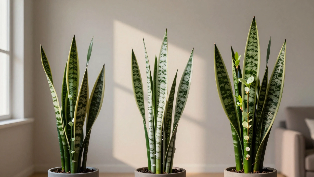 Three snake plants side by side showing growth differences under natural light, standard LED, and grow light.