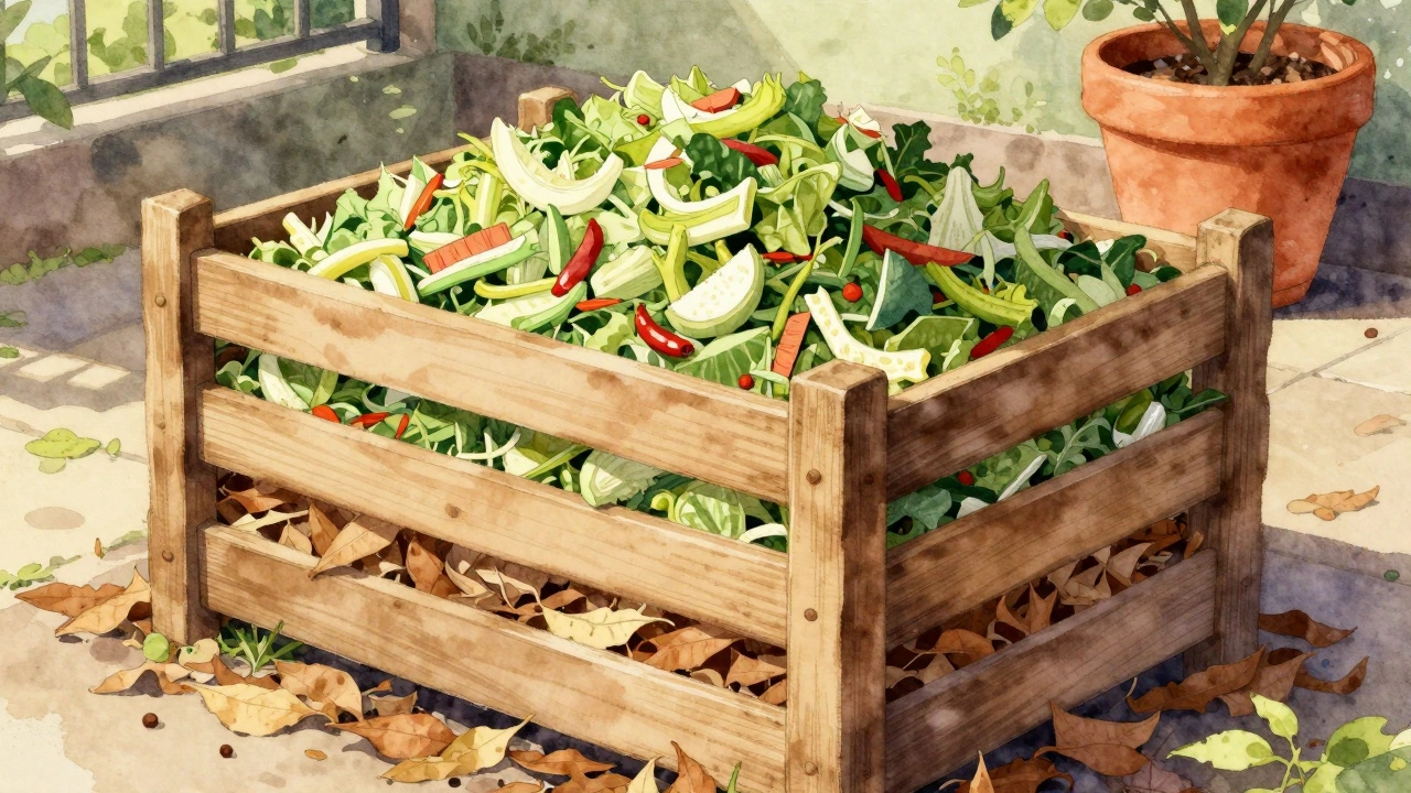 Wooden compost bin showing layers of dry leaves and vegetable scraps in a garden.