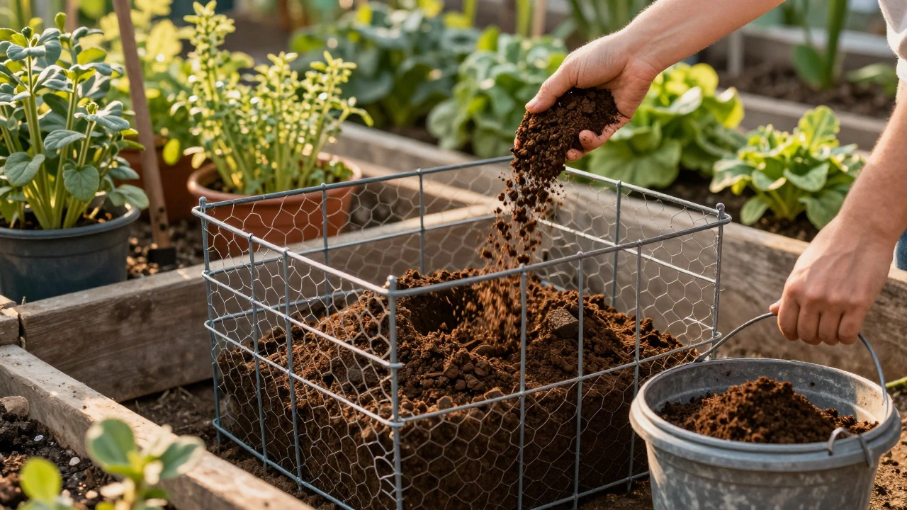 A wire compost bin filled with dark, crumbly compost in a small urban garden.