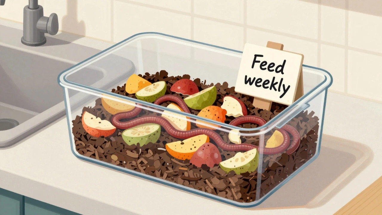 An indoor worm bin under a kitchen sink showing worms breaking down food scraps.