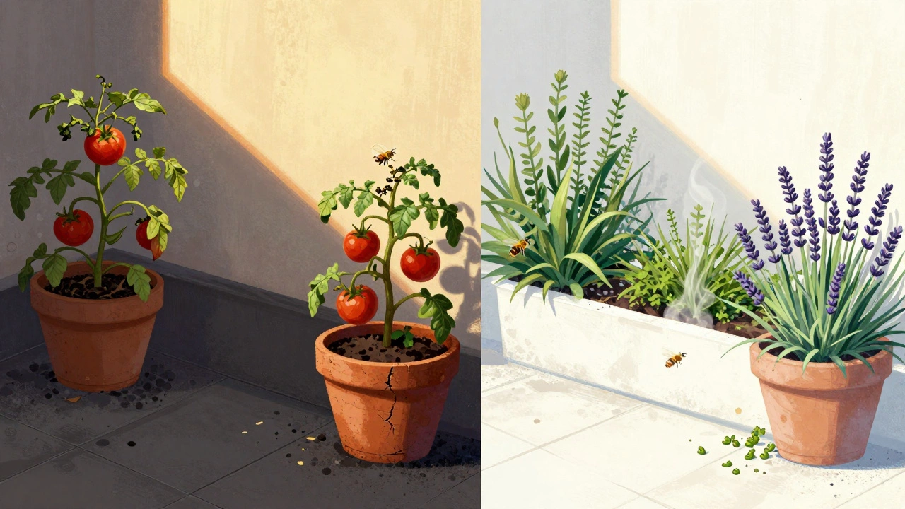 Before and after of a terrace: dark surface with dying plants vs. light surface with vibrant herbs and bees, highlighting temperature impact.