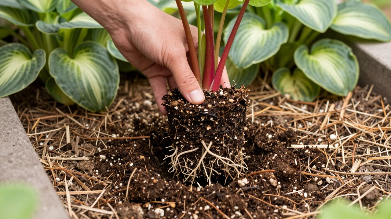 Bleeding heart plant being planted in rich, well-draining soil with compost and mulch.