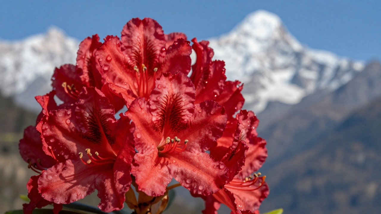 Close-up of a red Rhododendron flower with snow-capped Himalayan mountains in background.