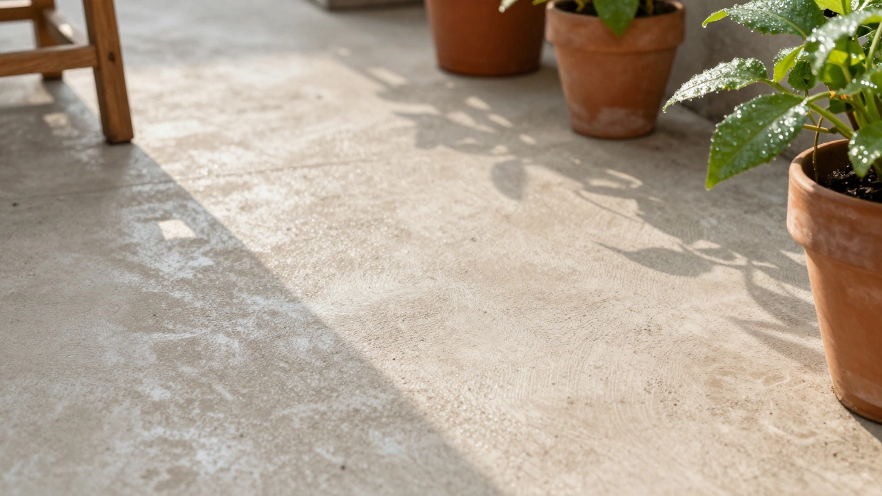 Close-up of textured light beige terrace with terracotta pots and dew on leaves, illustrating how surface finish helps cool root zones.