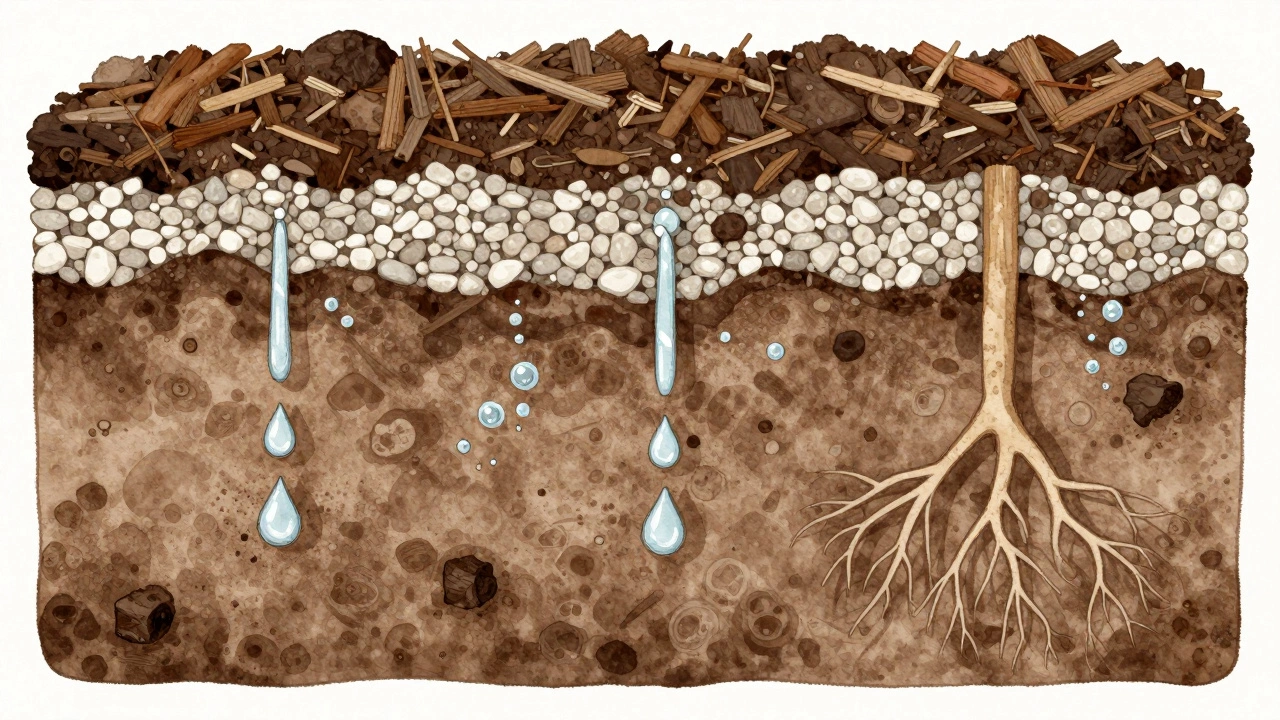 Cross-section of amended soil showing air pockets, water flow, and healthy roots in layered earth.