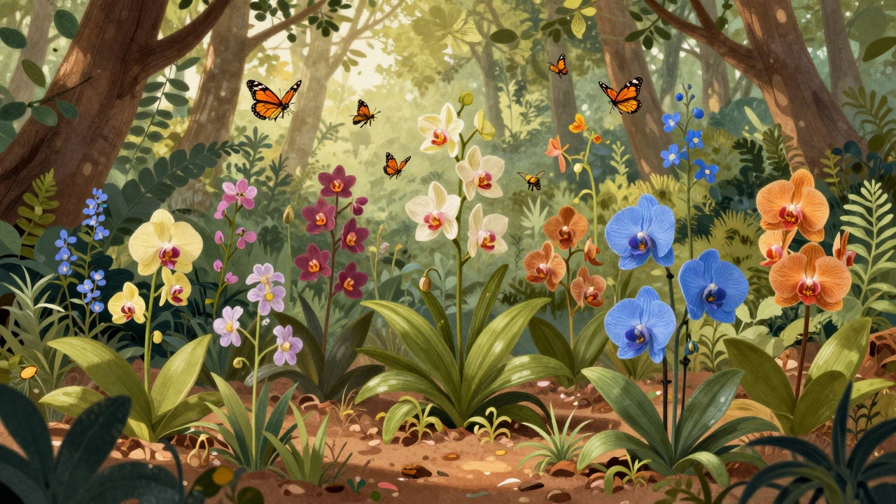 Diverse endemic Indian plants and pollinators thriving in a lush forest ecosystem.