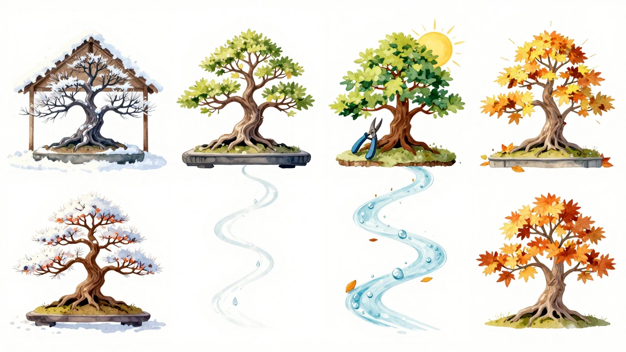 Four-season cycle of a bonsai tree in soft watercolor style.