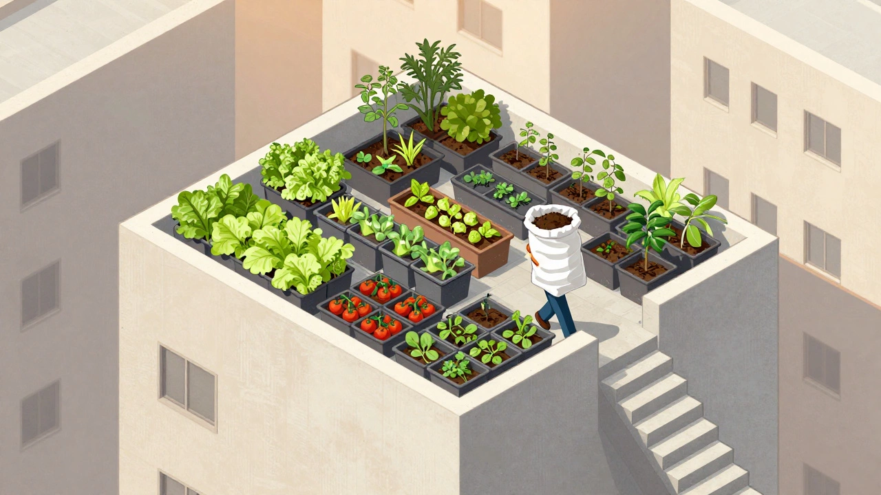 Gardener carrying heavy soil sacks up narrow apartment stairs.