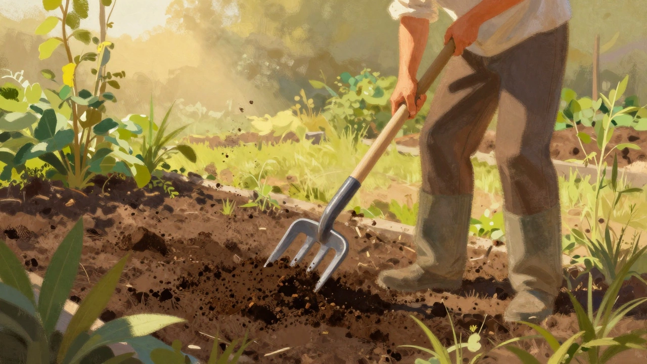 Gardener spreading dark compost onto garden bed with a fork.