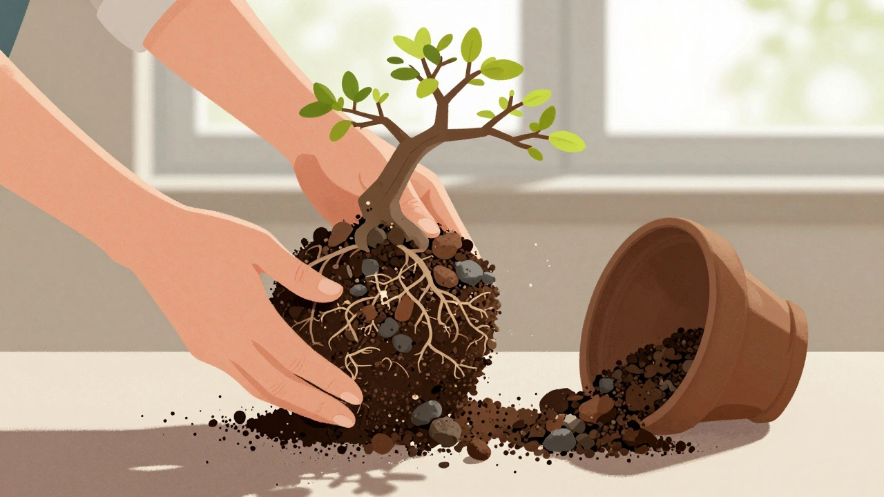 Hands repotting a bonsai with specialized soil mix in spring light.