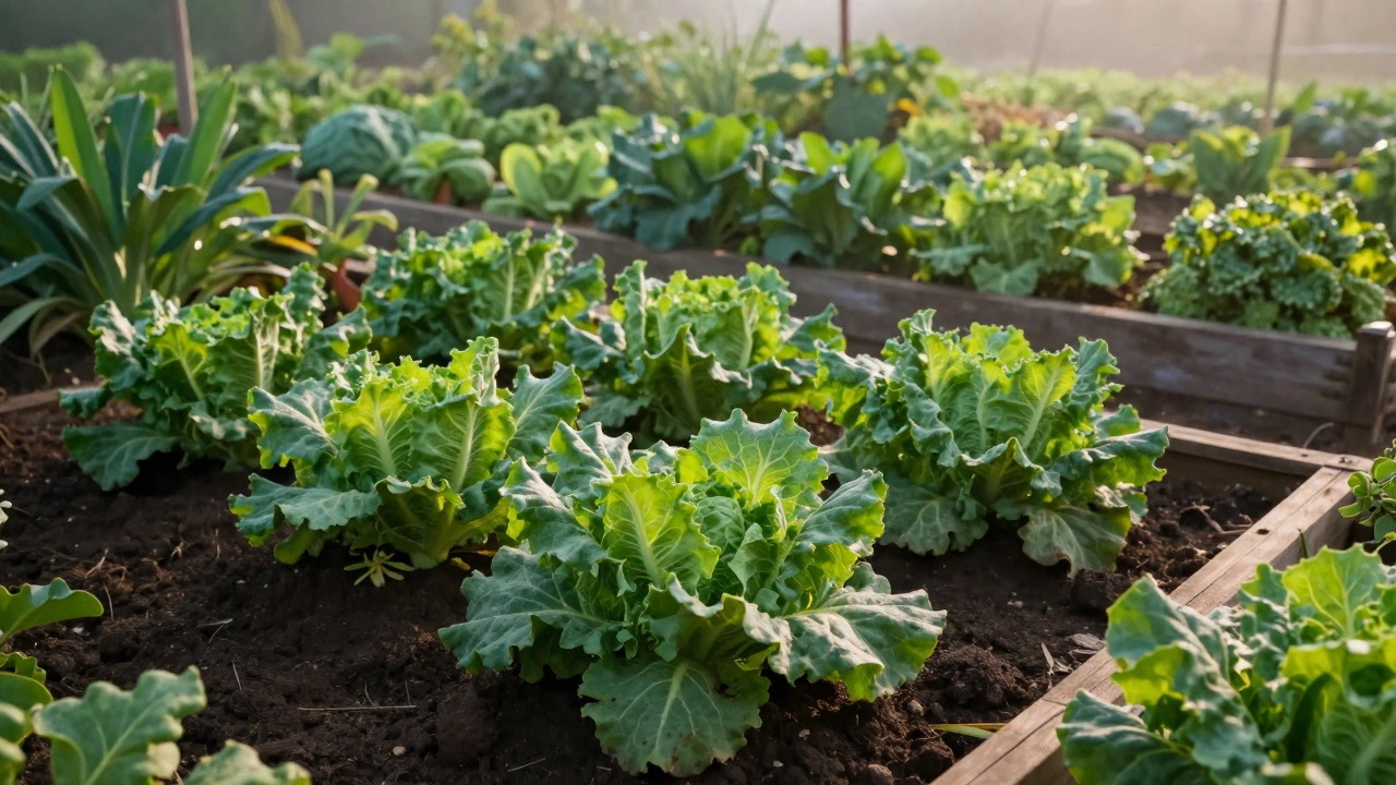 Lush vegetable garden with healthy plants and rich soil surface.
