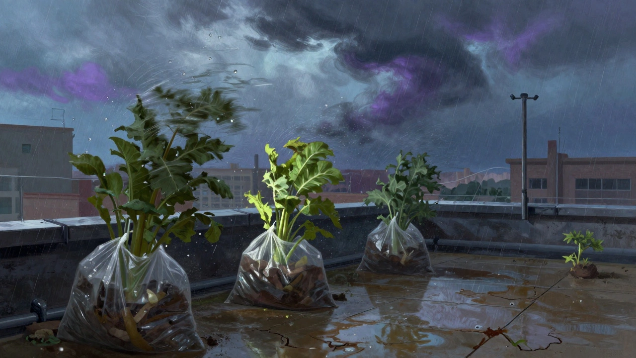 Plants bending in strong wind with pooled rainwater on roof.