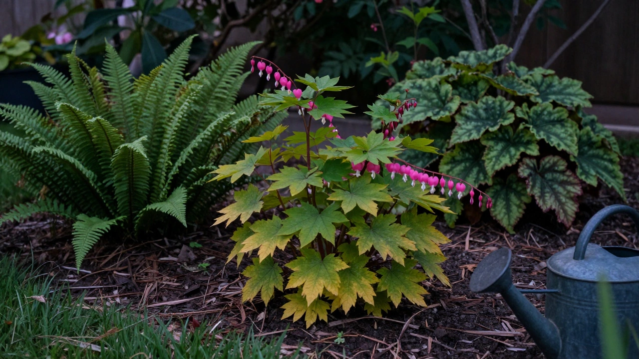 Yellowing bleeding heart foliage fading naturally in a shaded garden as it prepares for dormancy.