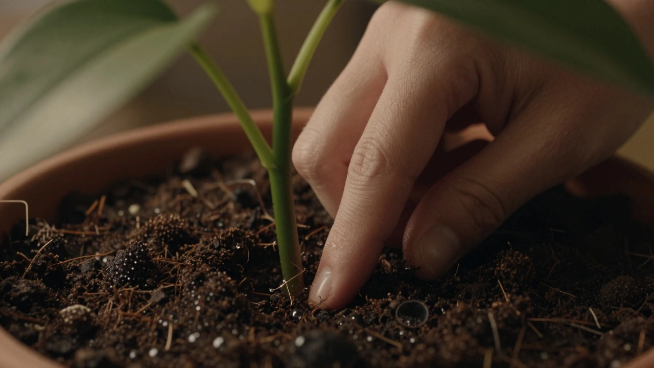 A finger checking the moisture level of houseplant soil to determine when to water