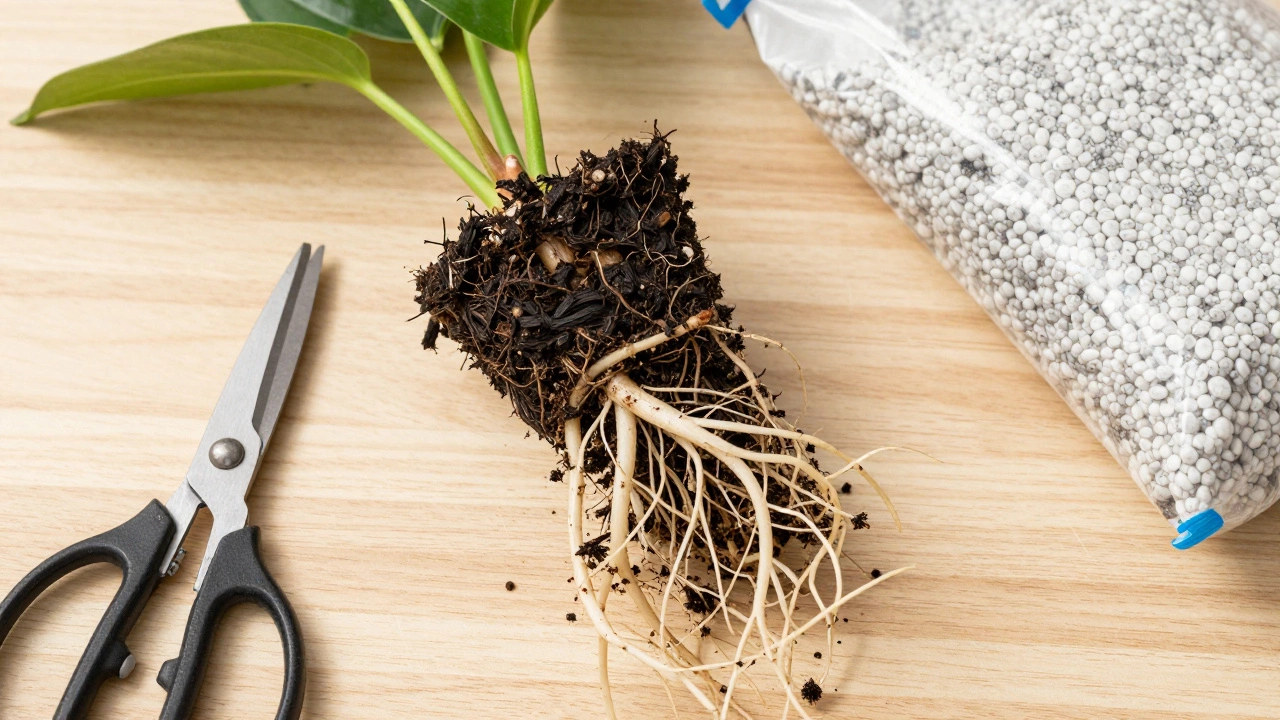 A plant removed from its pot showing healthy white roots and rotted black roots for pruning