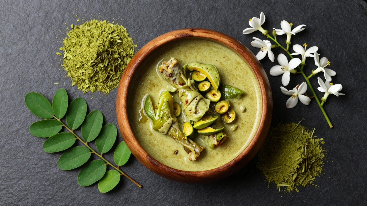 A variety of Moringa parts including a drumstick curry, green powder, fresh leaves, and white flowers.