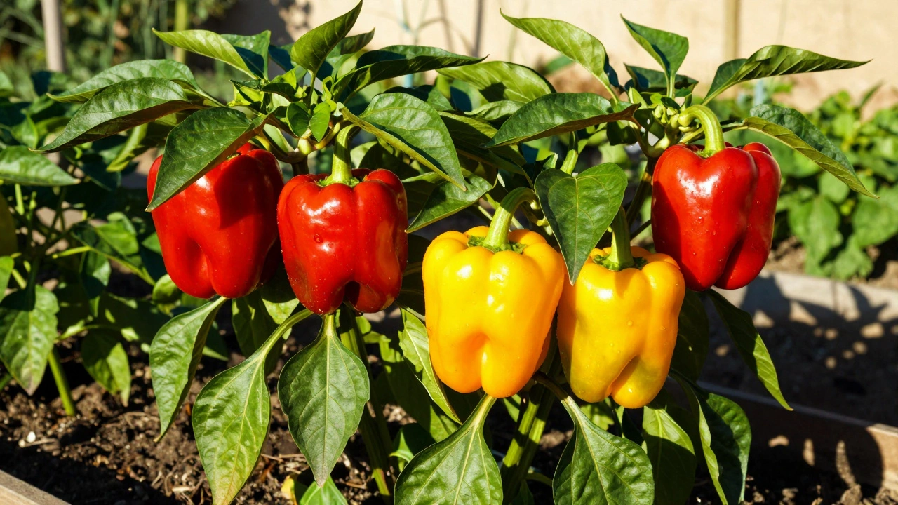 Bright red and yellow bell peppers growing under intense, hot afternoon sun