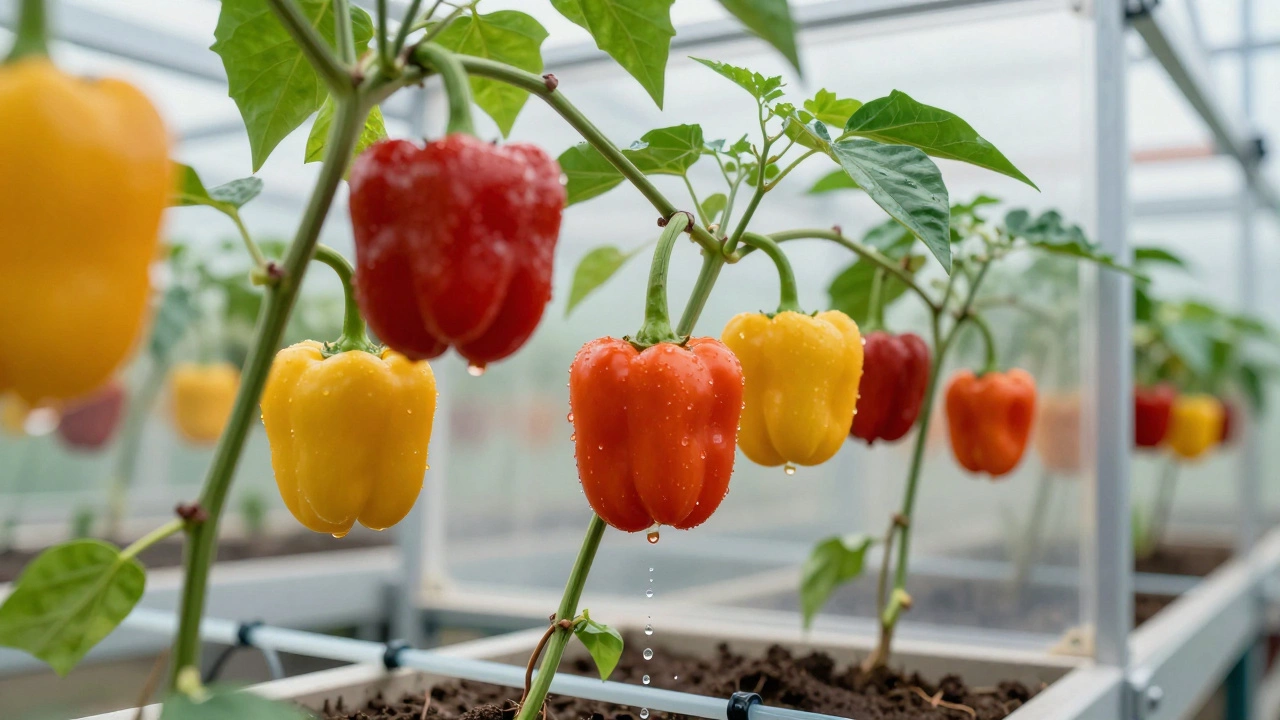 Bright red and yellow capsicums growing inside a modern polyhouse with a drip irrigation system.