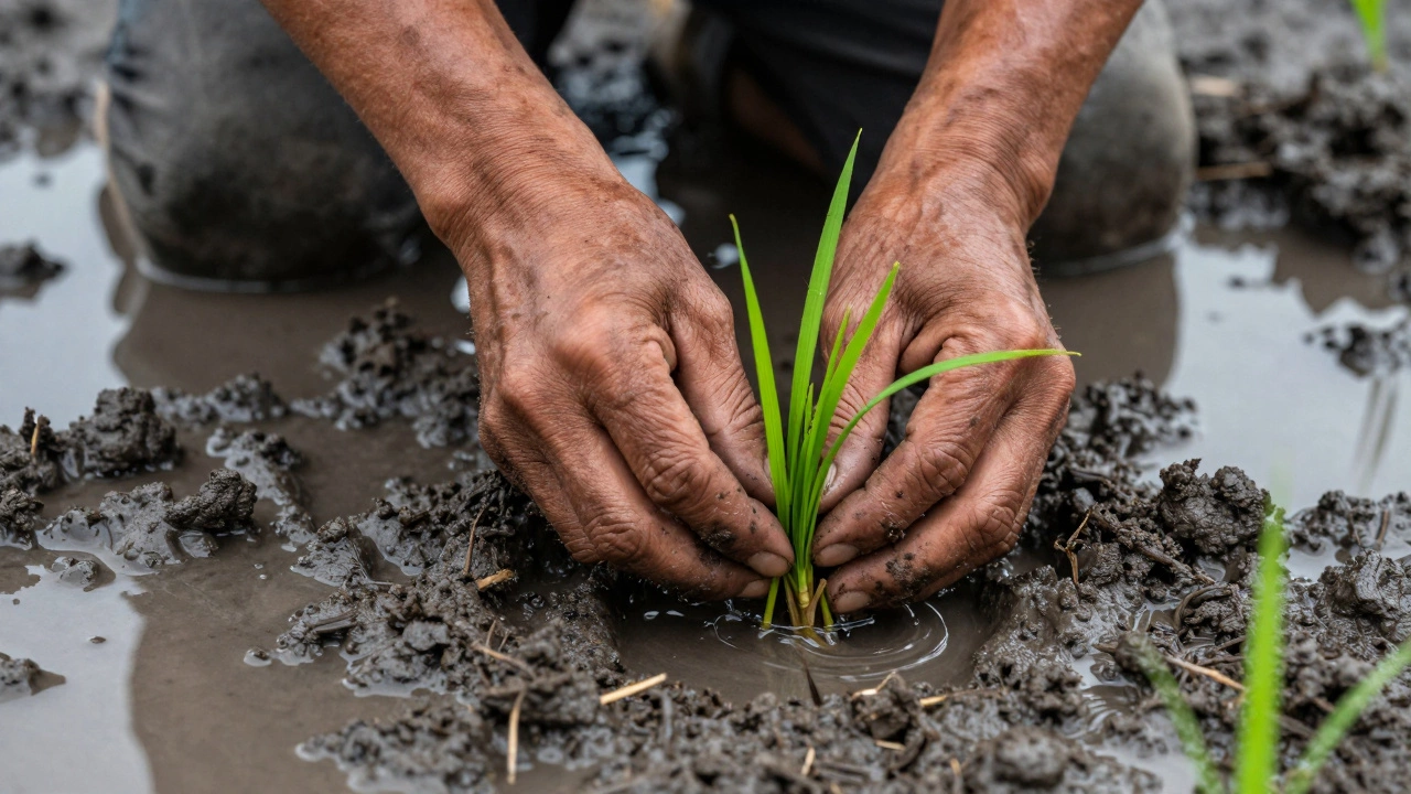 Close-up of hands transplanting a rice seedling into muddy water