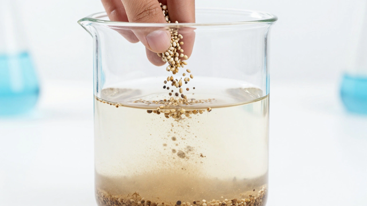 Crushed Moringa seeds being added to turbid water to demonstrate natural water purification.