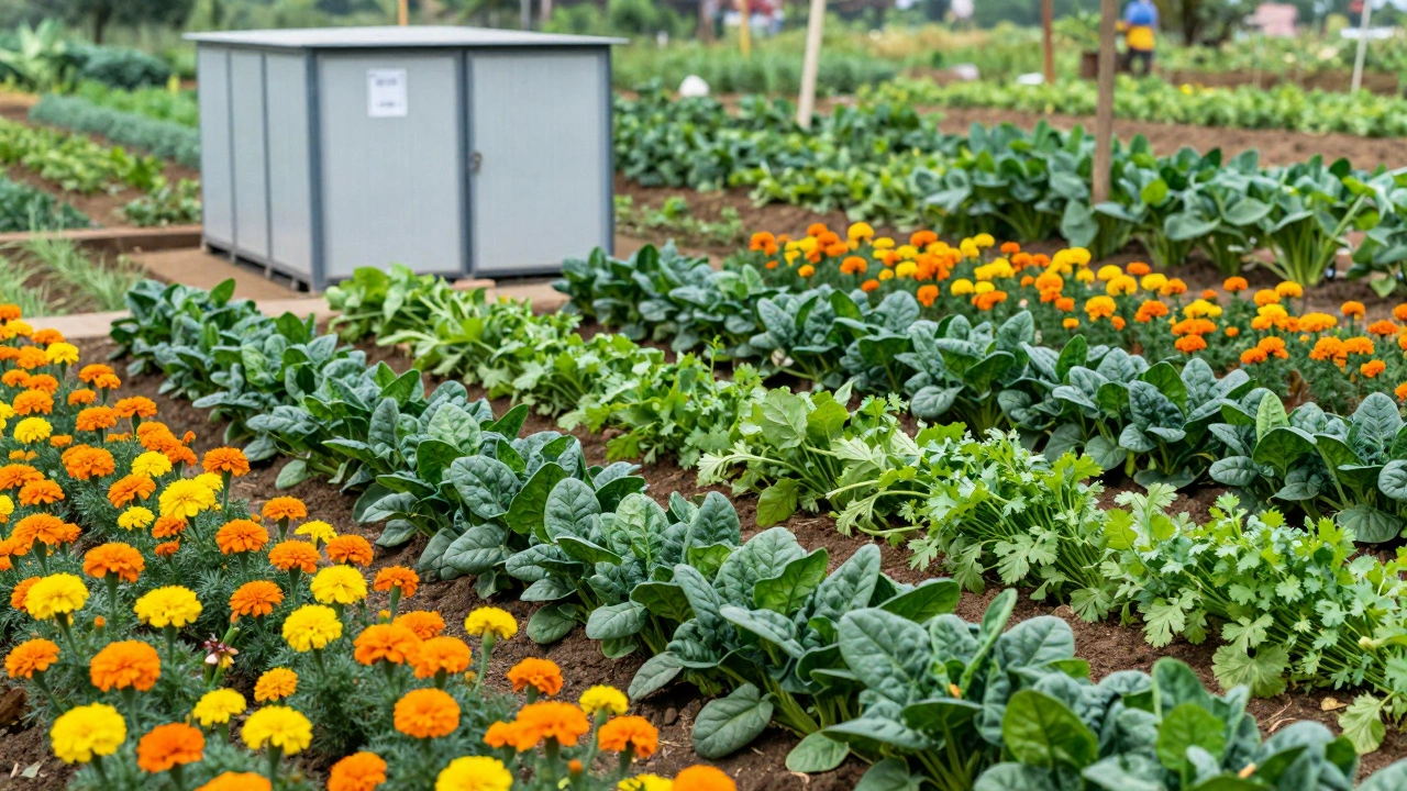 Diverse farm layout featuring marigolds intercropped with spinach and coriander next to a cold storage unit.