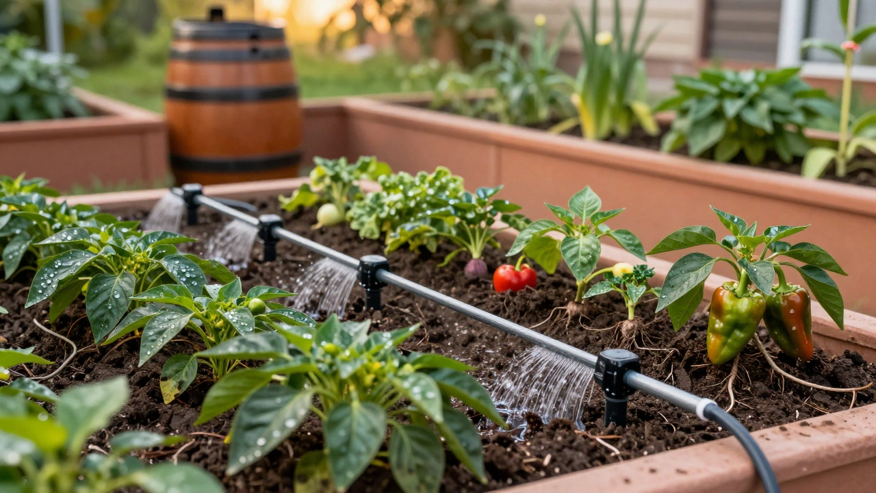 Drip irrigation system watering vegetables in raised garden beds.