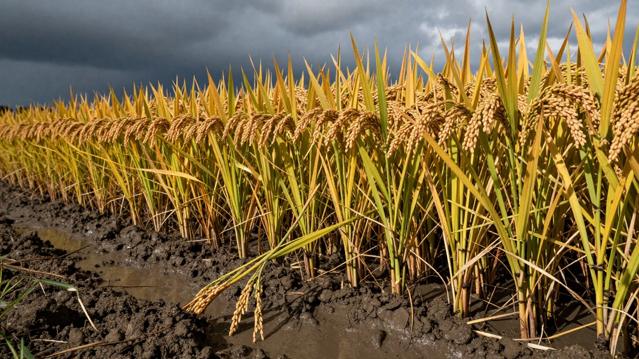 Golden rice stalks in a field with some leaning over into the mud