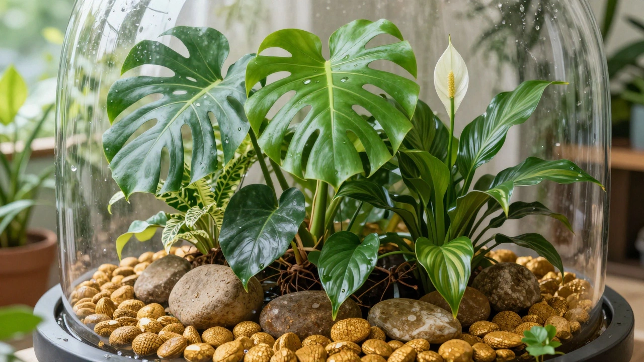 Group of healthy tropical plants on a large Leca pebble tray
