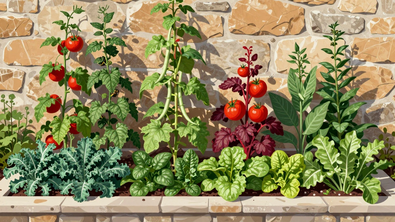 Vegetables growing along a south-facing wall to maximize sunlight exposure.