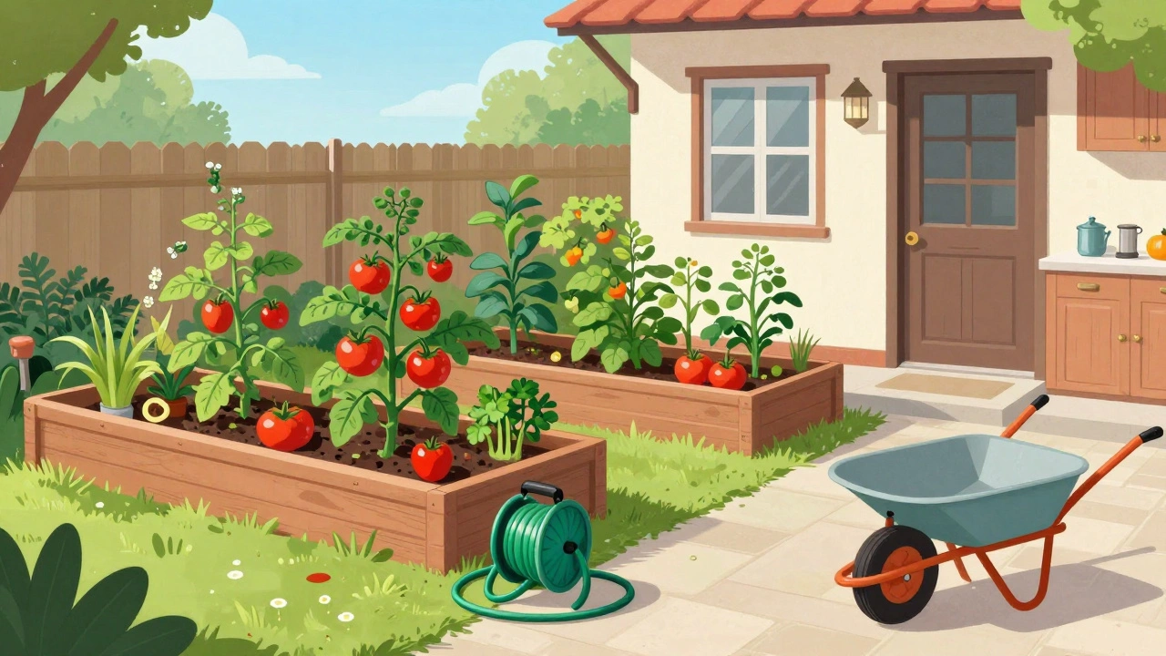 Accessible kitchen garden with raised beds near a house back door