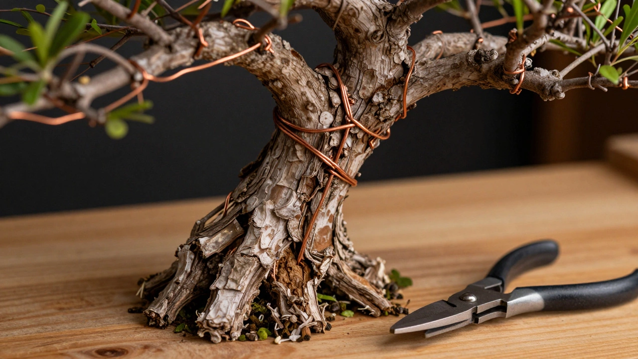 Close-up of bonsai wire biting into bark and pruning tools on a table.