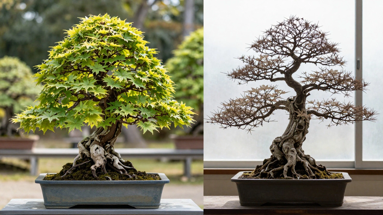 Contrast between a healthy outdoor bonsai and a stressed indoor one.