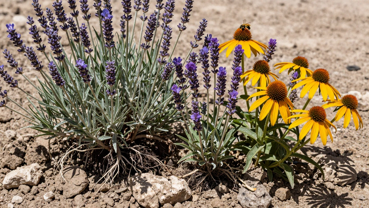 Drought-resistant perennials like lavender and sedum growing in dry, rocky soil.