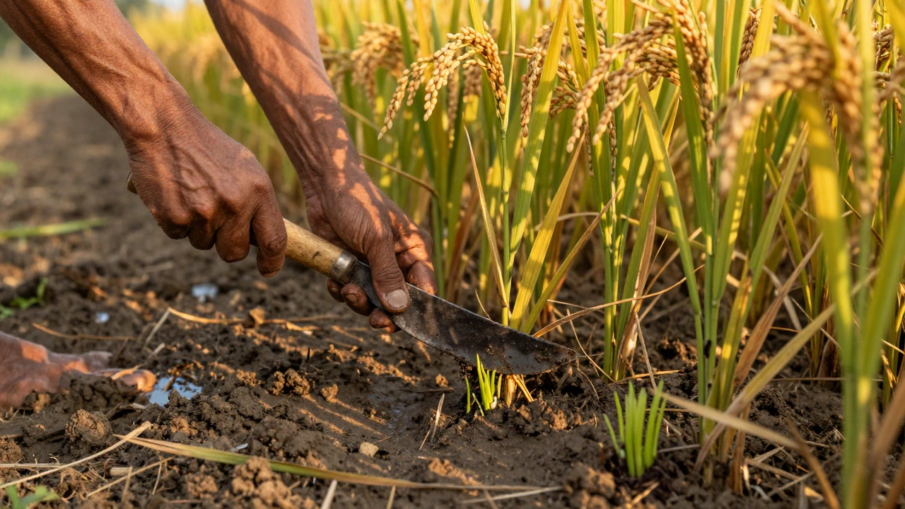 Farmer harvesting rice stalks with new shoots emerging