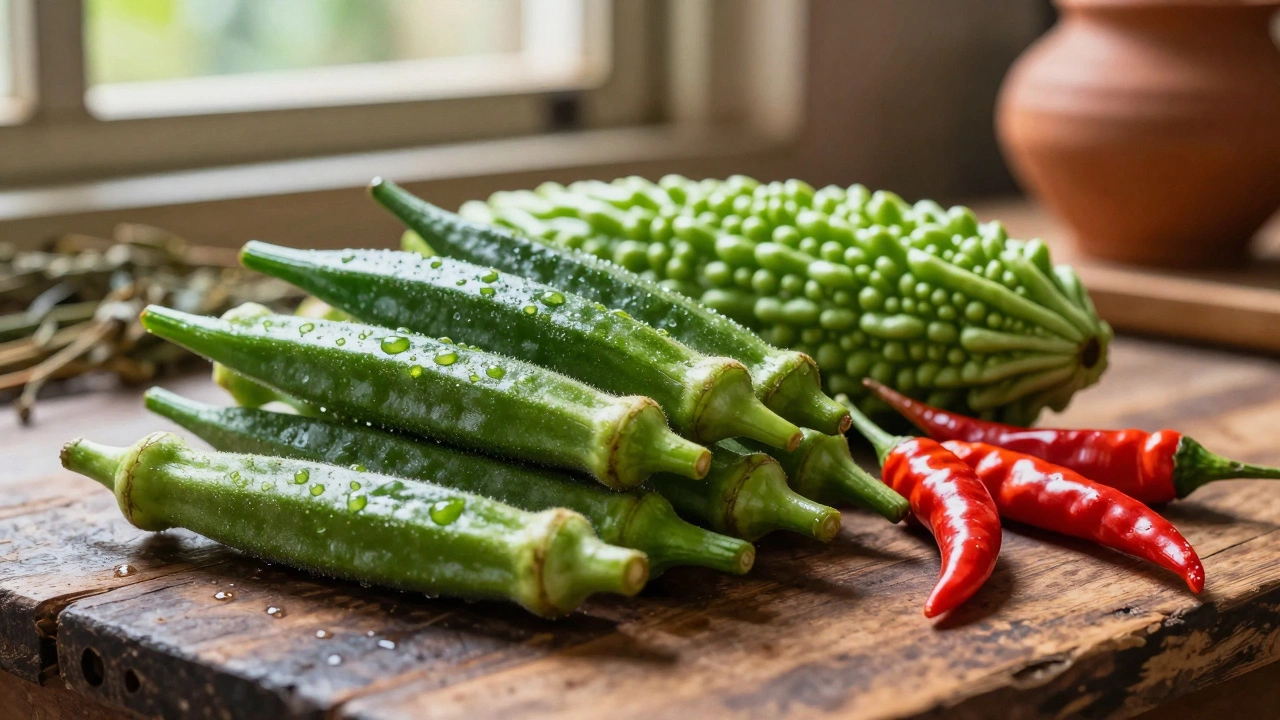 Fresh okra, bitter gourd, and chili peppers arranged on a wooden table.