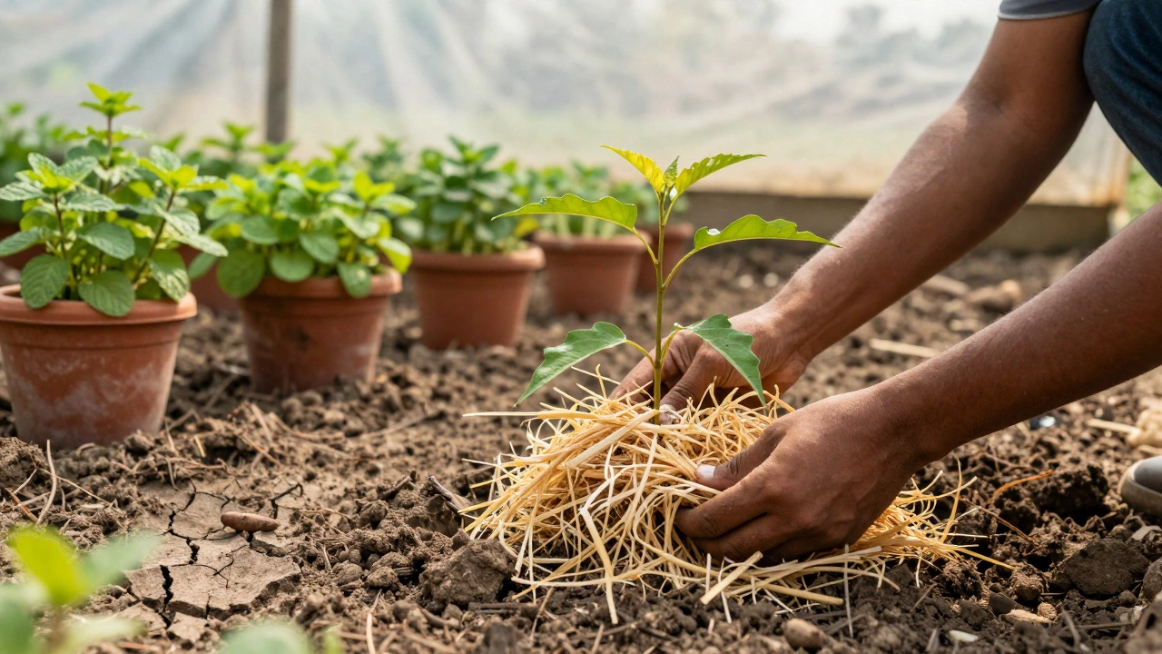 Gardener applying mulch to protect plants from heat in a shaded container.