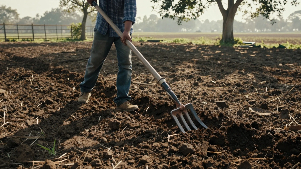 Gardener using broadfork to aerate soil