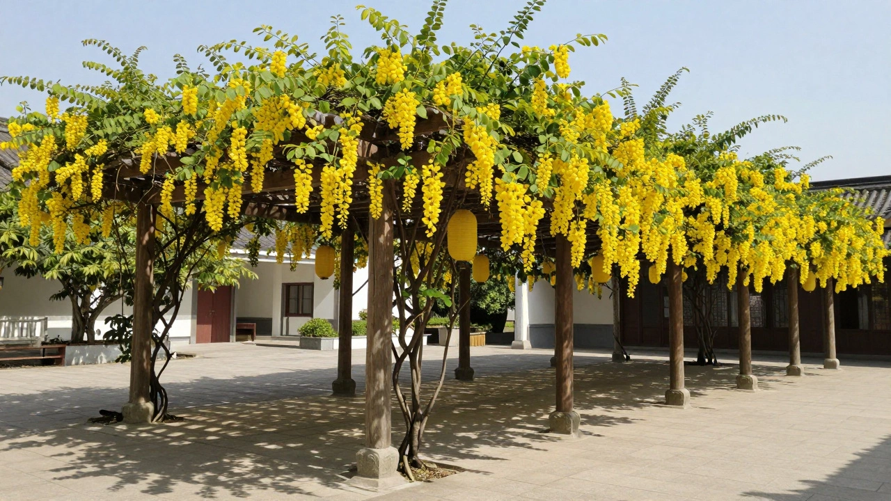 Golden yellow Cassia Fistula flowers hanging from a wooden pergola