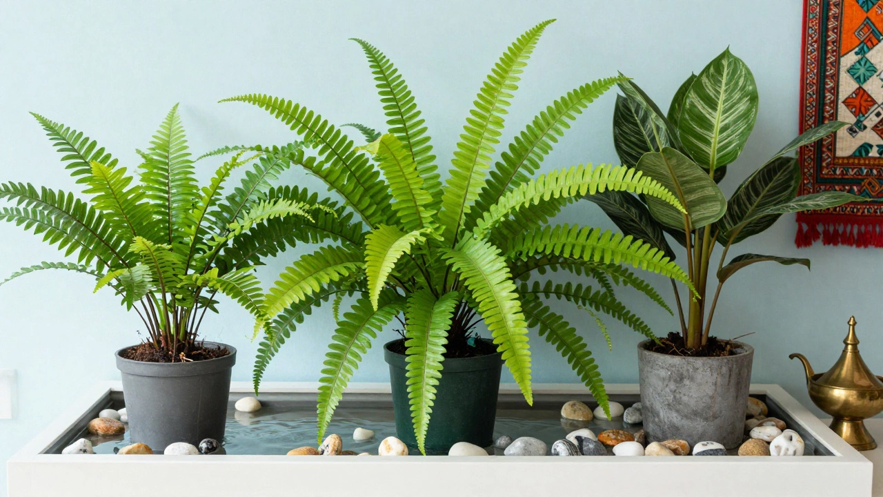 Group of tropical ferns and Calatheas placed over a pebble tray to increase ambient humidity.