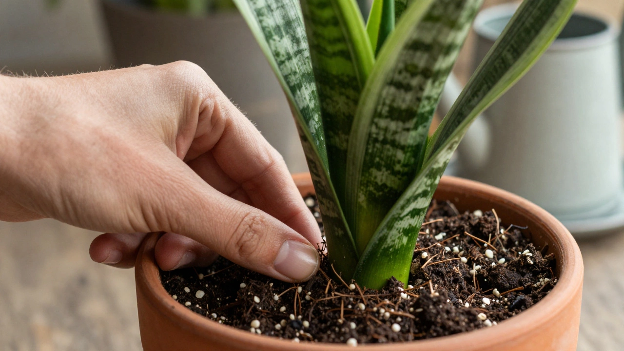 Hand checking soil moisture of a Snake Plant, demonstrating proper watering technique with well-draining soil.