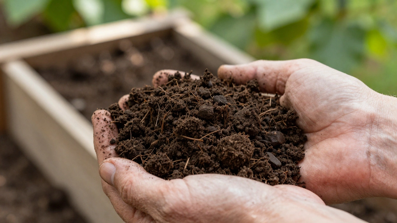 Hands holding rich loam soil near a wooden raised garden bed