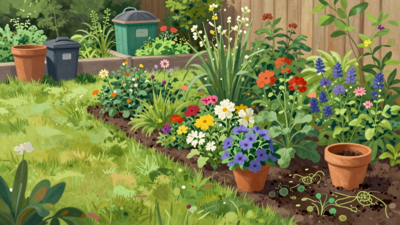 Illustration of a sustainable garden with compost, recycled pots, and diverse plants.