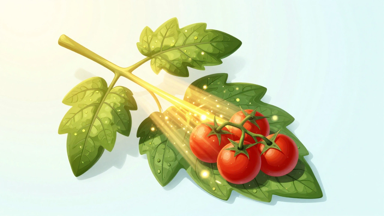 Illustration of sunlight powering photosynthesis in tomato leaves