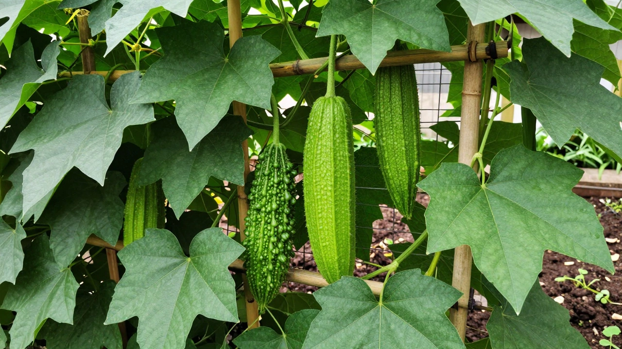 Ivy Gourd plant with green fruits climbing bamboo stakes in a garden