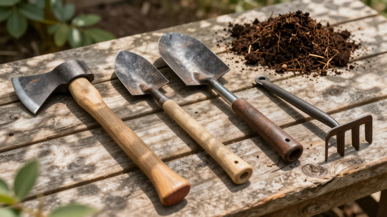 Manual gardening tools on wooden surface