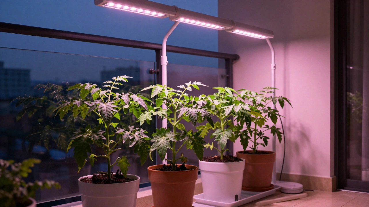 Tomato plants lit by LED grow lights on a balcony at night