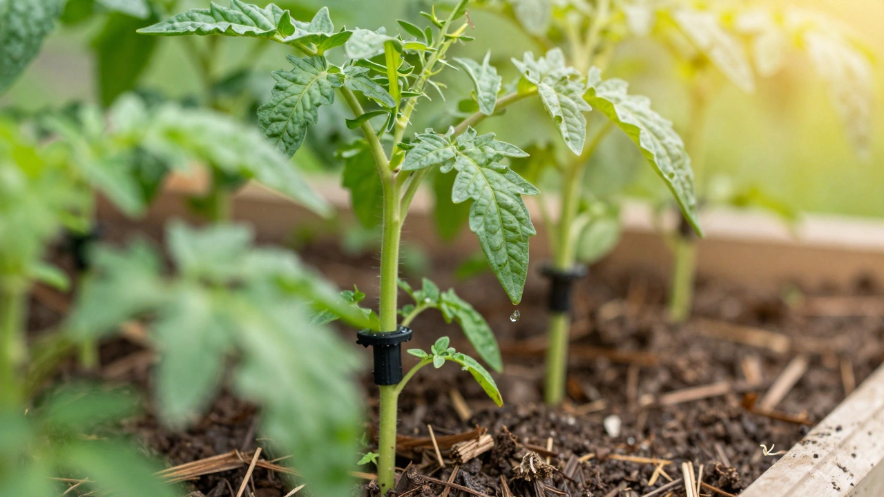Close up of drip emitters watering healthy tomato plants under mulch
