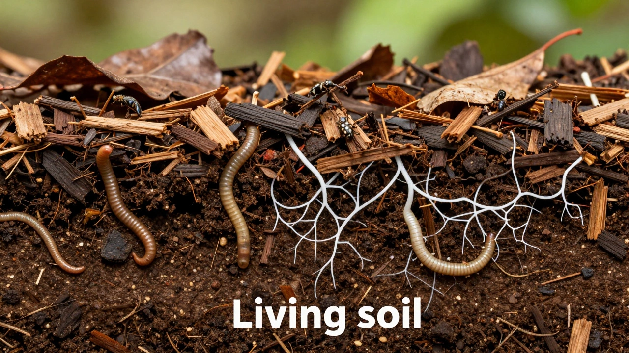 Close-up of earthworms and fungi in rich, healthy garden soil
