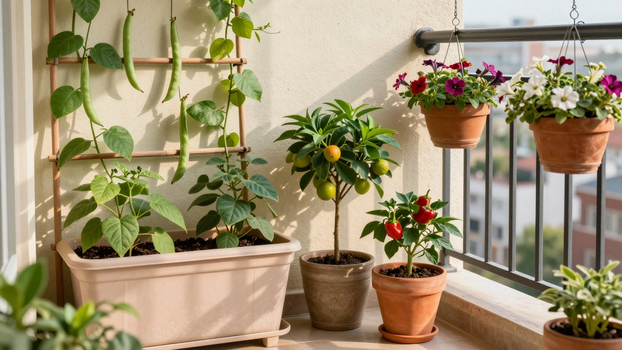 Compact balcony garden with self-watering pots and trellises